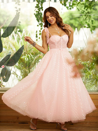 A-Line/Princess Ruffles Spaghetti Straps Sleeveless Ankle-Length Dresses