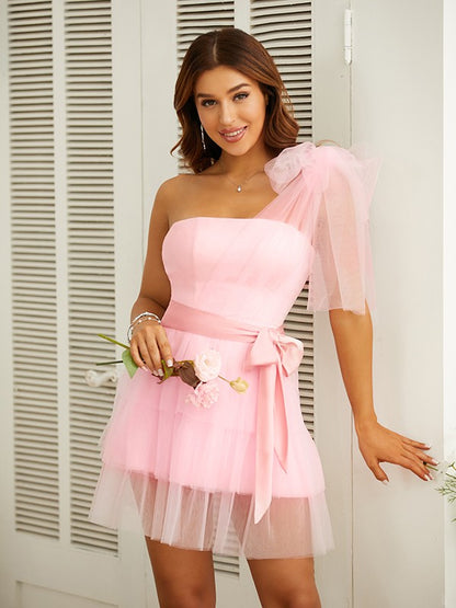 A-Line/Princess Tulle Sash/Ribbon/Belt One-Shoulder Sleeveless Short/Mini Dresses