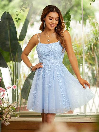 A-Line/Princess Tulle Applique Spaghetti Straps Sleeveless Short/Mini Dresses Homecoming Dresses Cocktail Dresses