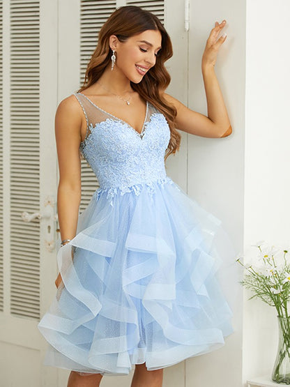 A-Line/Princess Applique V-neck Sleeveless Knee-Length Dresses