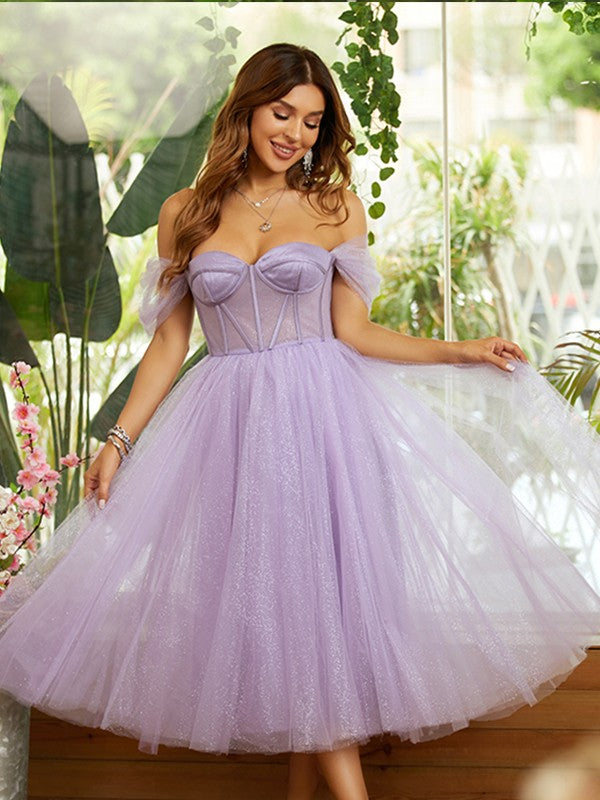 A-Line/Princess Tulle Ruffles Off-the-Shoulder Sleeveless Tea-Length Dresses