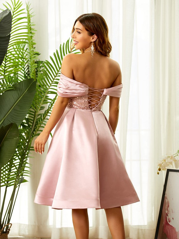 A-Line/Princess Satin Beading Off-the-Shoulder Sleeveless Knee-Length Dresses