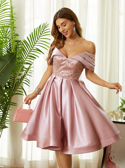 A-Line/Princess Satin Beading Off-the-Shoulder Sleeveless Knee-Length Dresses