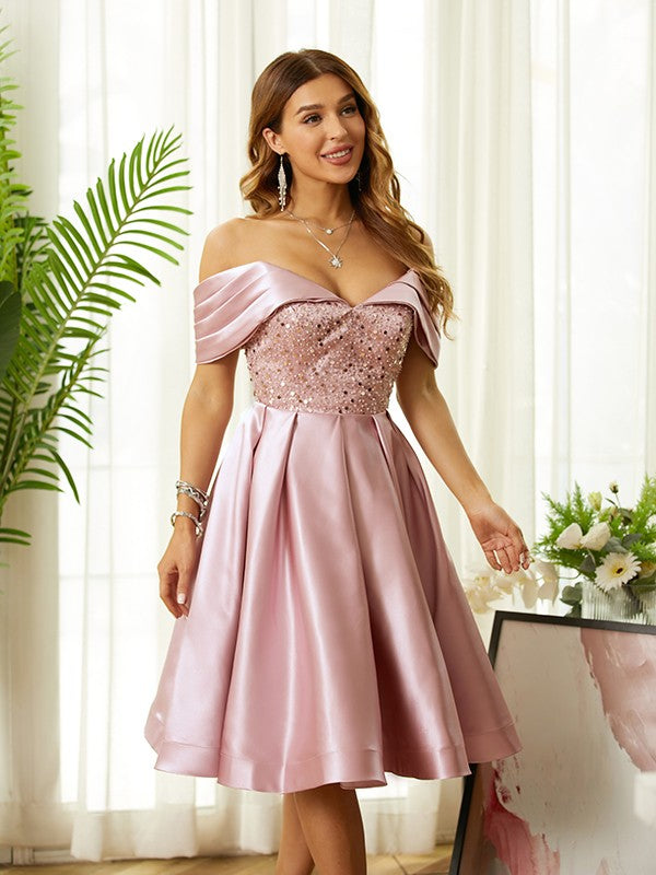 A-Line/Princess Satin Beading Off-the-Shoulder Sleeveless Knee-Length Dresses