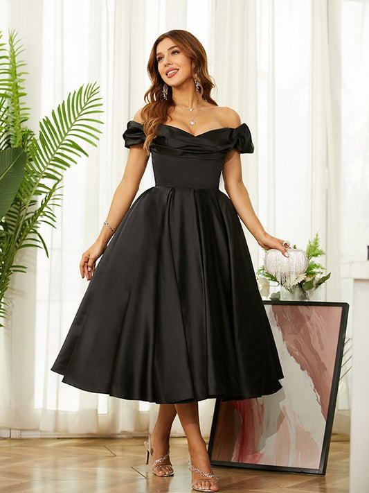 A-Line/Princess Satin Ruched Off-the-Shoulder Sleeveless Tea-Length Dresses