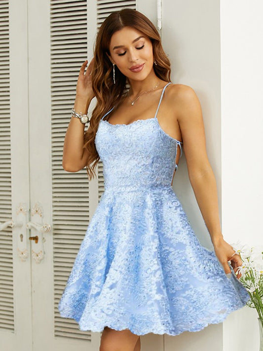 A-Line/Princess Lace Spaghetti Straps Sleeveless Short/Mini Dresses Homecoming Dresses Cocktail Dresses