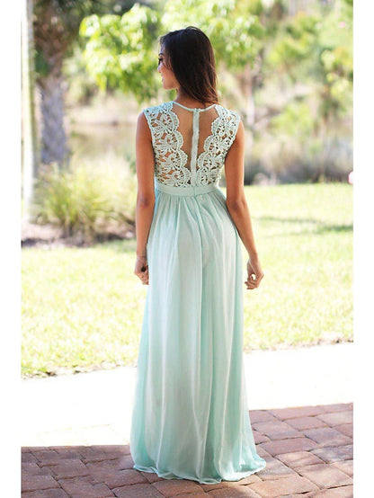 A-Line Bridesmaid Dress Jewel Neck Sleeveless Elegant Floor Length Chiffon / Lace with Sash / Ribbon / Pleats