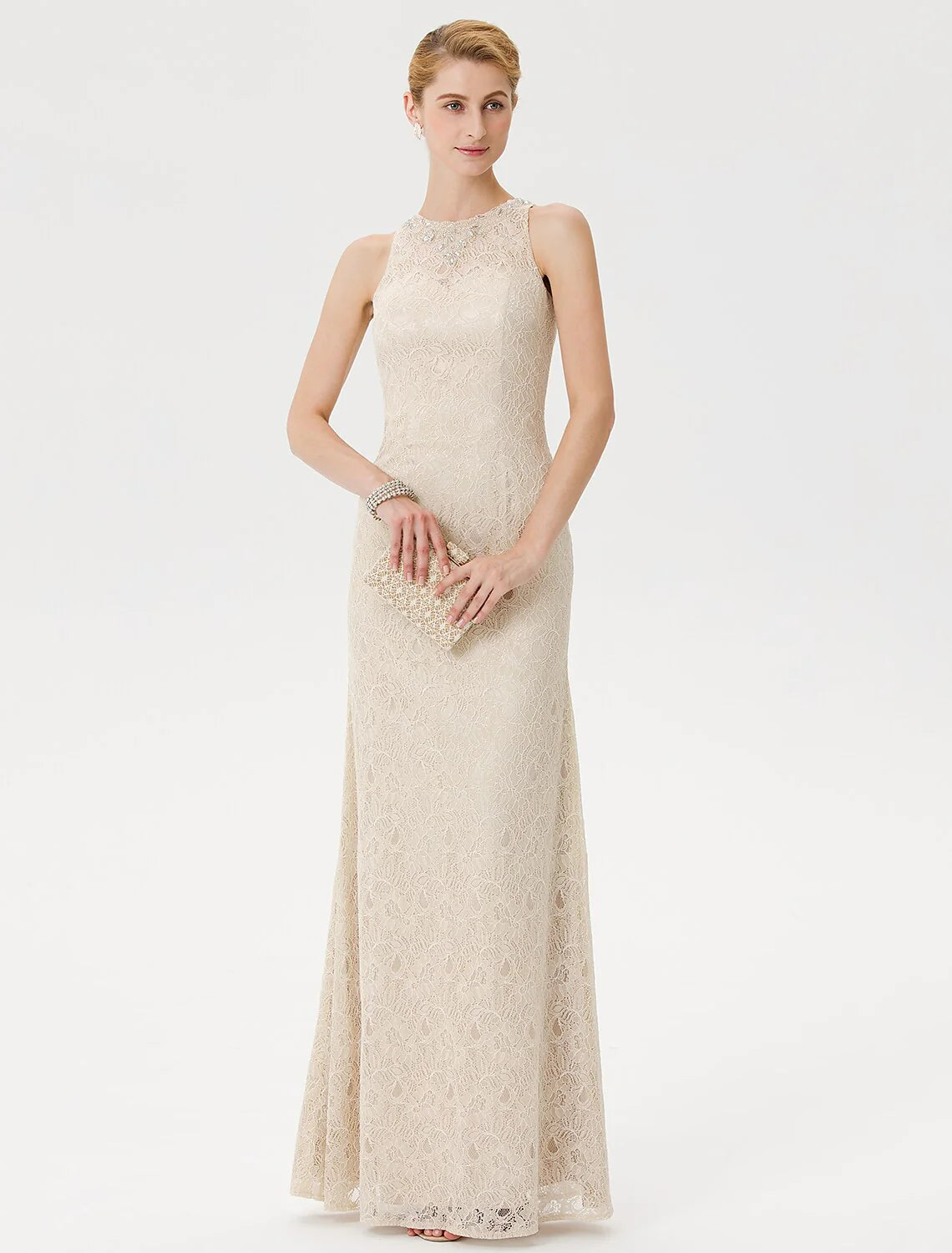 Sheath / Column Mother of the Bride Dress Elegant See Through Illusion Neck Floor Length Lace Sleeveless with Crystals Beading