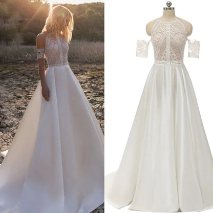 Lace Appliques A-Line Sleeveless Boho Off the Shoulder Wedding Dresses Beautiful