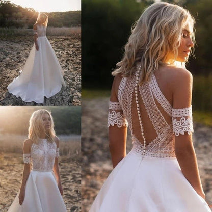 Lace Appliques A-Line Sleeveless Boho Off the Shoulder Wedding Dresses Beautiful