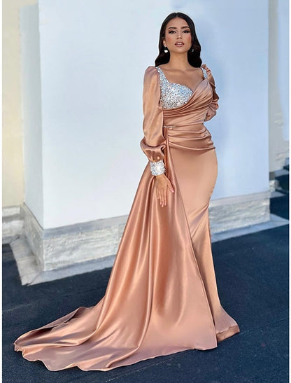 A-Line Evening Gown Elegant Dress Formal Fall Court Train Long Sleeve Square Neck Satin with Glitter Ruched