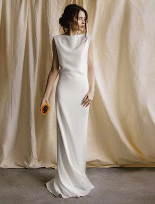 Reception Open Back Casual Wedding Dresses Sheath / Column Scoop Neck Sleeveless Sweep / Brush Train Satin Bridal Gowns With Solid Color Summer Fall Wedding Party Women's Clothing