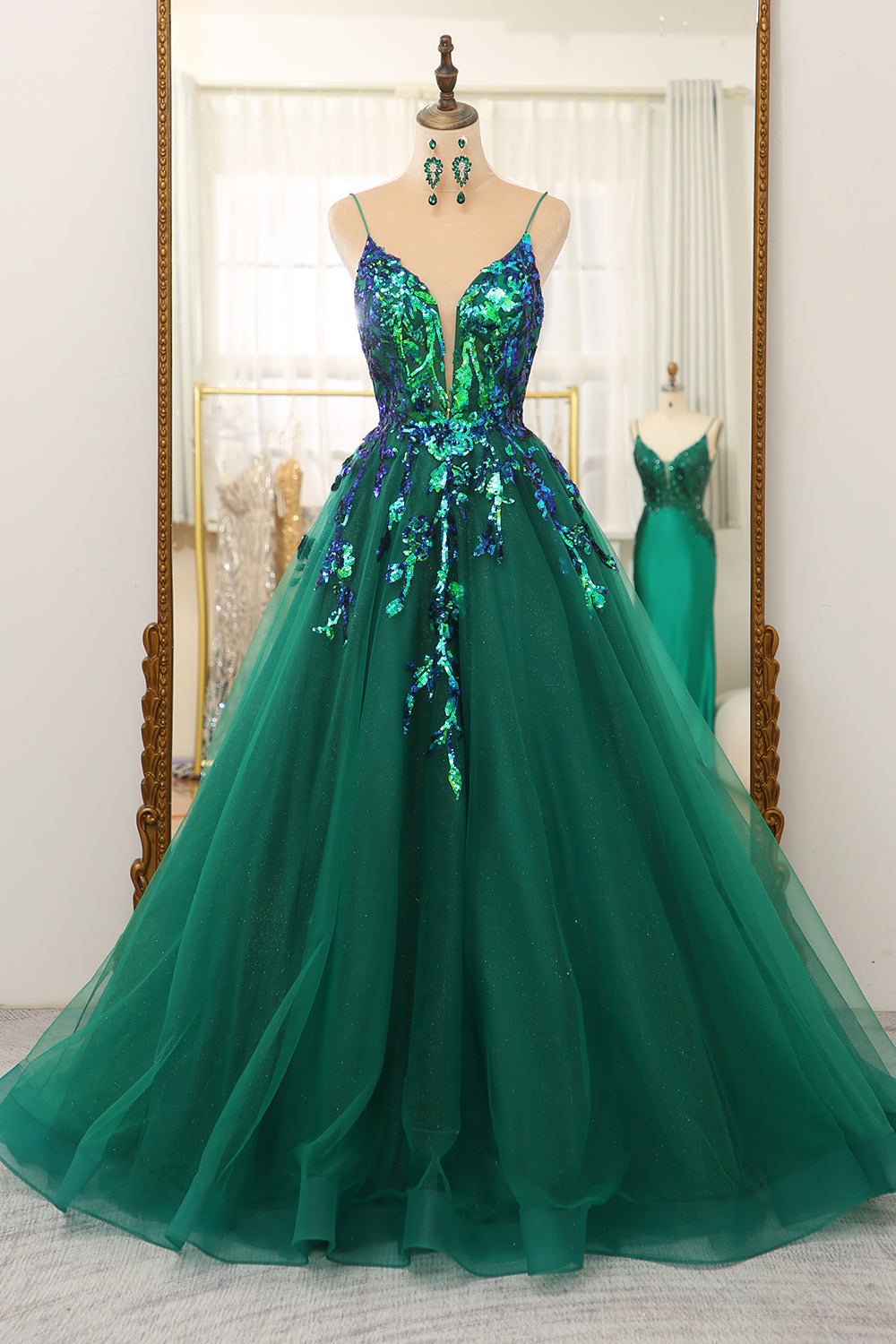 Dark Green A Line Tulle Long Prom Dress With Sparkly Sequined Appliques Beautiful