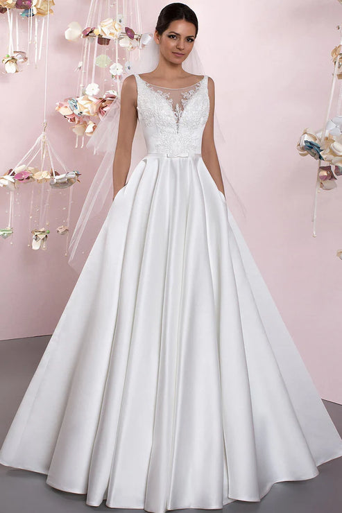 A-Line Illusion Neck Sleeveless Floor-Length Satin Wedding Dress With Pleats Elegant