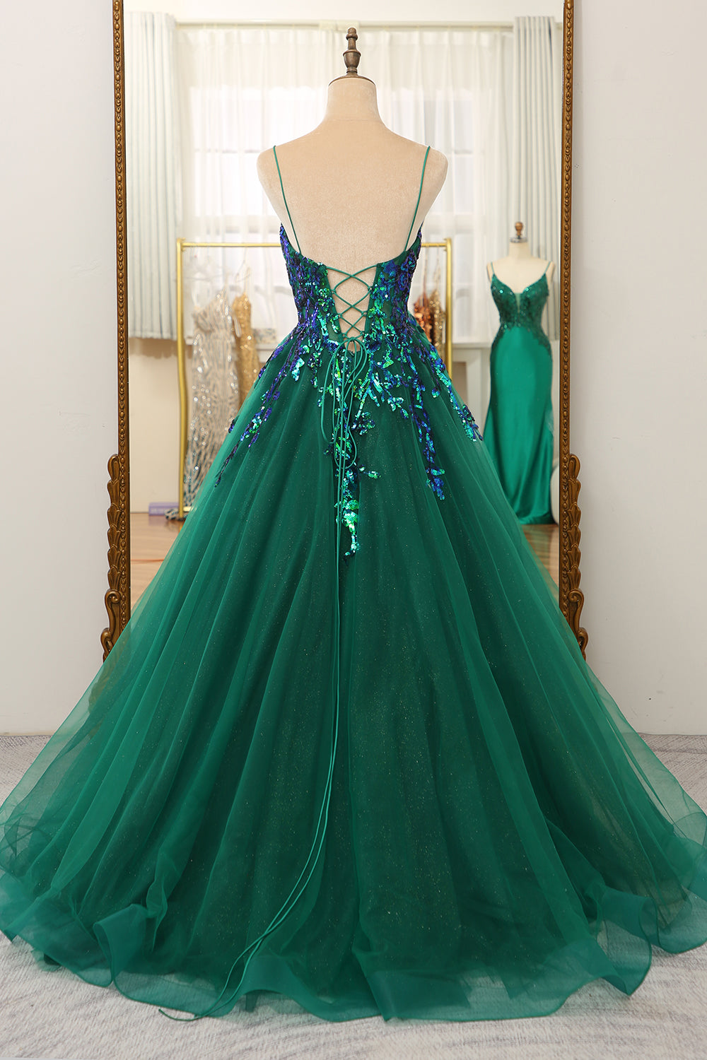 Dark Green A Line Tulle Long Prom Dress With Sparkly Sequined Appliques Beautiful