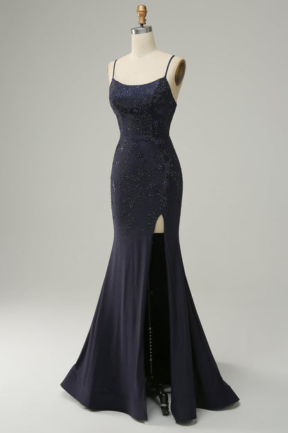 Navy Spaghetti Straps Beaded Mermaid Prom Dress with Slit Sexy