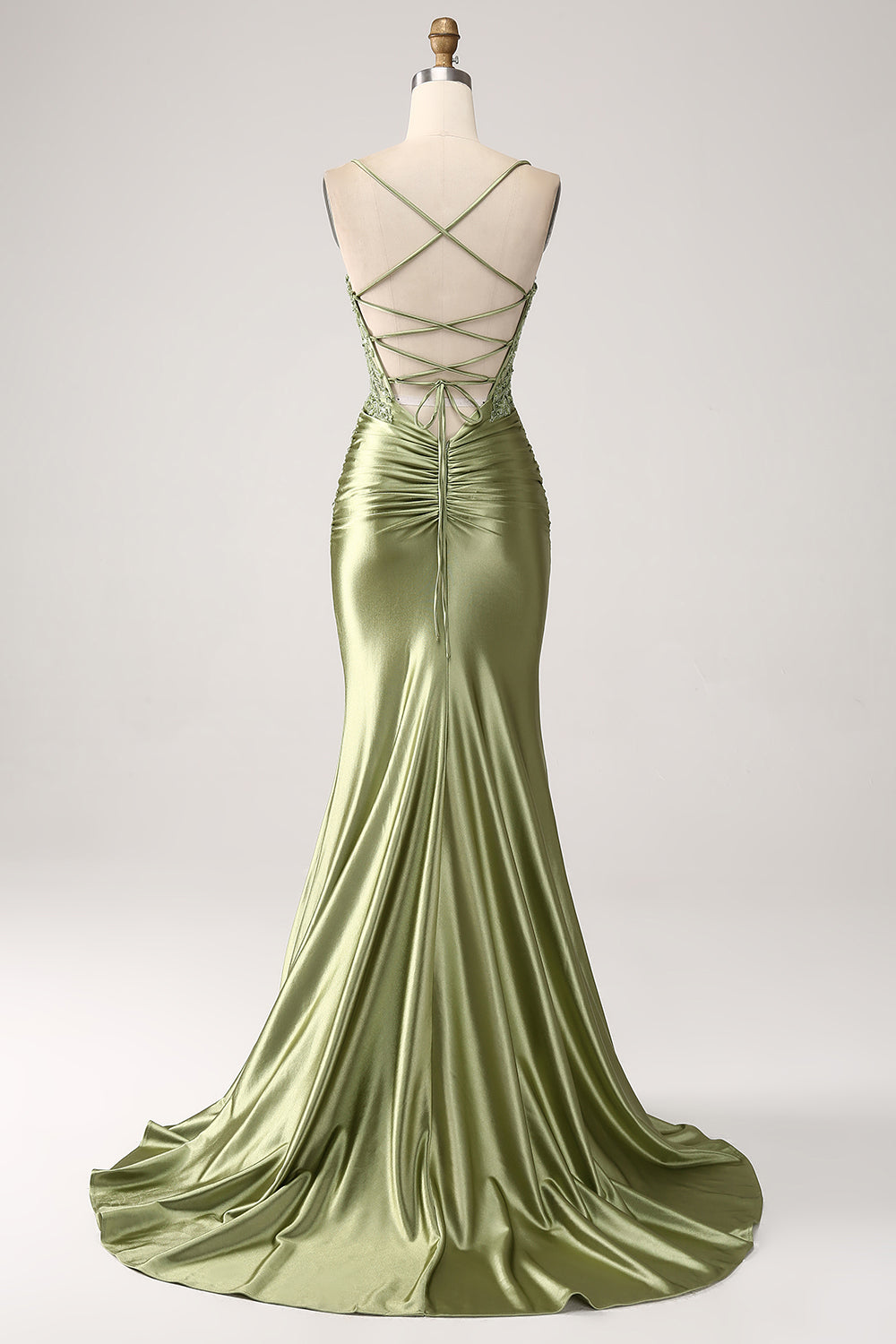 Mermaid Sage Spaghetti Straps Lace-up Back Prom Dress With Slit Sexy Beautiful