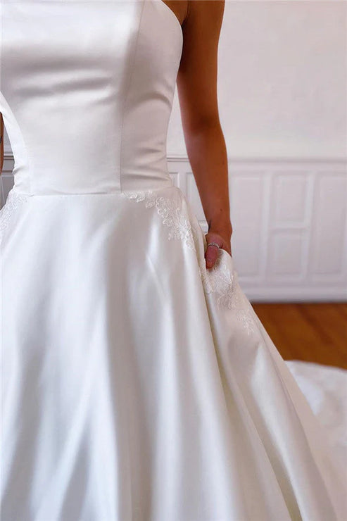 Lace Appliques Long Strapless White Wedding Dress with Pockets Off Shoulder