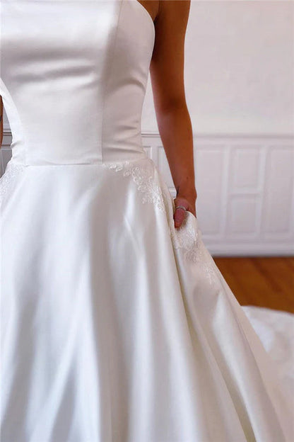 Lace Appliques Long Strapless White Wedding Dress with Pockets Off Shoulder