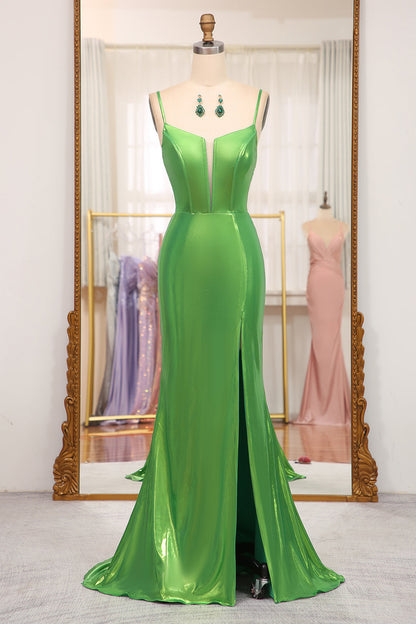 Bright Green Mermaid Spaghetti Straps Corset Long Prom Dress With Slit Sexy Evening Dress