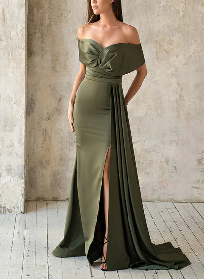 Horn/fishtail shoulder satin pleats mother of the bride dresses Sexy Evening Dresses