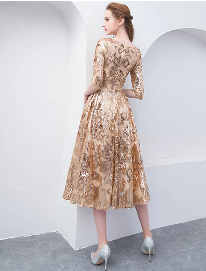 A-Line Cocktail Dresses Elegant Dress Wedding Guest Holiday Tea Length Half Sleeve Jewel Neck Sequined with