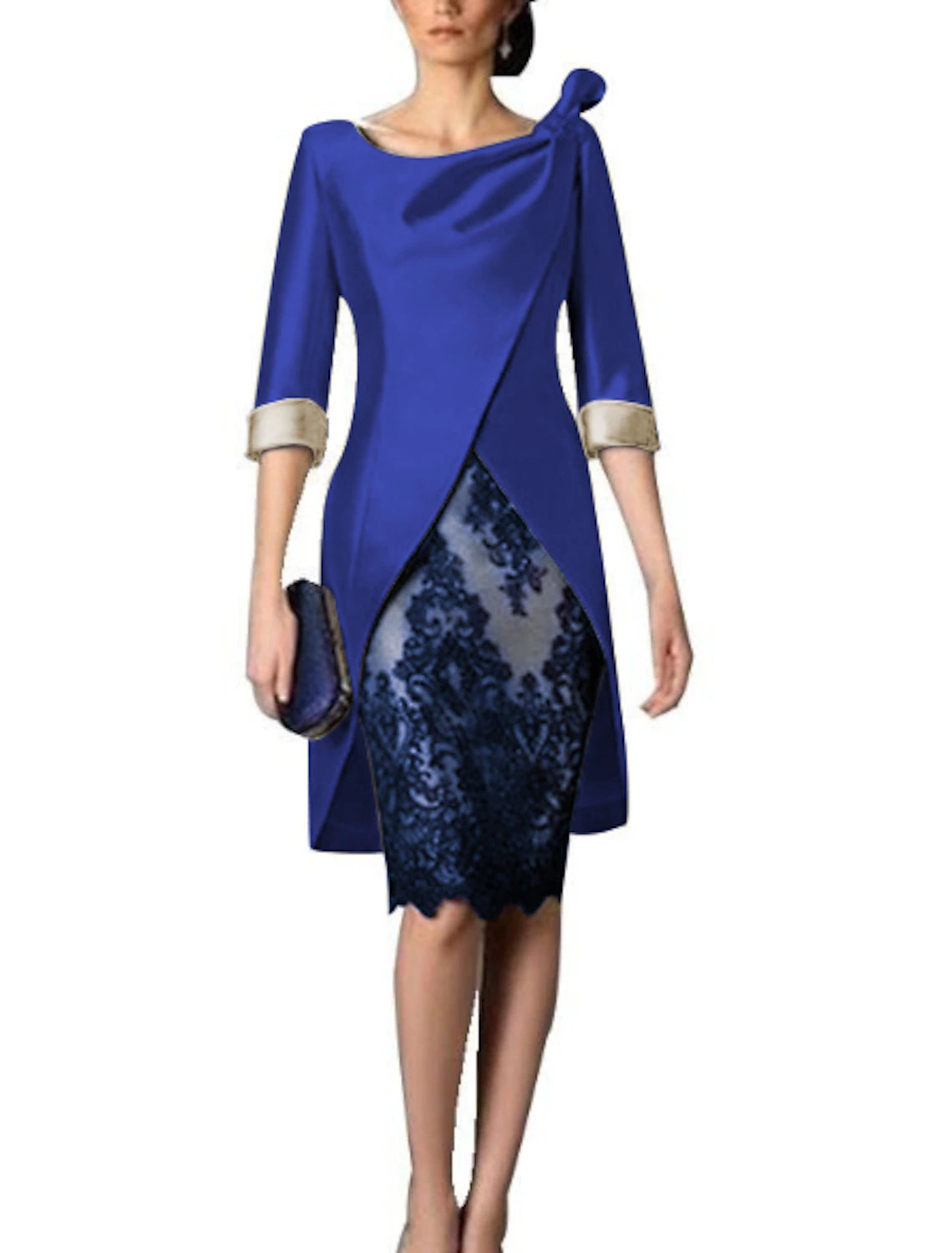 Mother of the Bride Dress Plus Size Sheath / Column  V Neck Knee Length Two Pieces Wedding Guest Party Dress Satin Lace 3/4 Length Sleeve Jacket Dresses