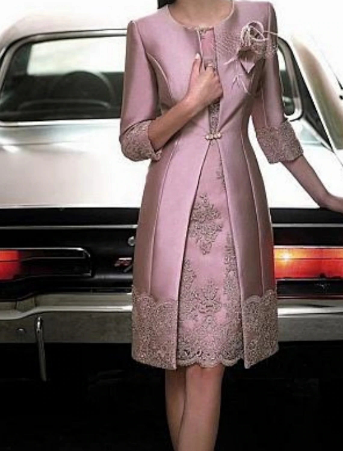 Plus Size Jacket Dress Knee Length Wedding Guest Party Dress Jewel Neck Satin Lace 3/4 Length Sleeve  Mother of the Bride Dress  with Appliques