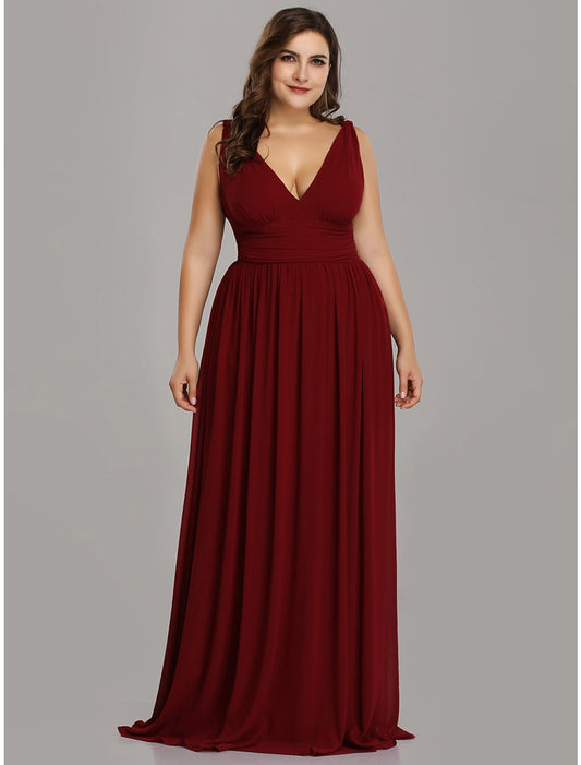 A-Line Evening Gown Plus Size Dress Wedding Guest Formal Evening Floor Length Sleeveless V Neck Bridesmaid Dress Chiffon V Back with Pleats