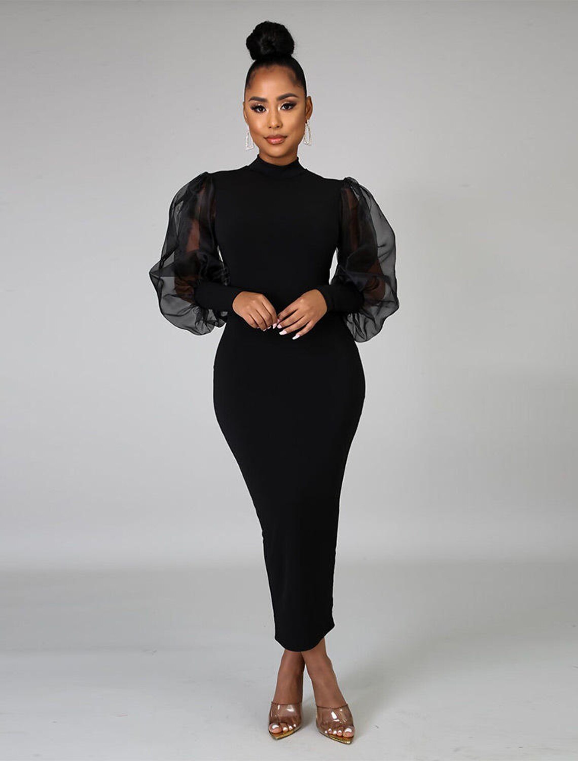 Sheath / Column Cocktail Dresses Black Dress Plus Size Wedding Guest Engagement Tea Length Long Sleeve High Neck Stretch Fabric with Pure Color Splicing