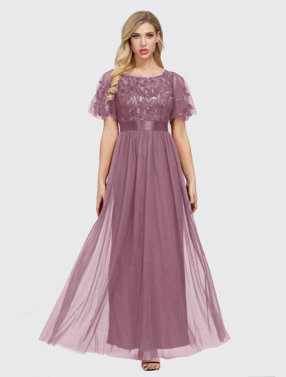 A-Line Elegant Party Wear Prom Dress Jewel Neck Short Sleeve Floor Length Tulle with Embroidery / Illusion Sleeve