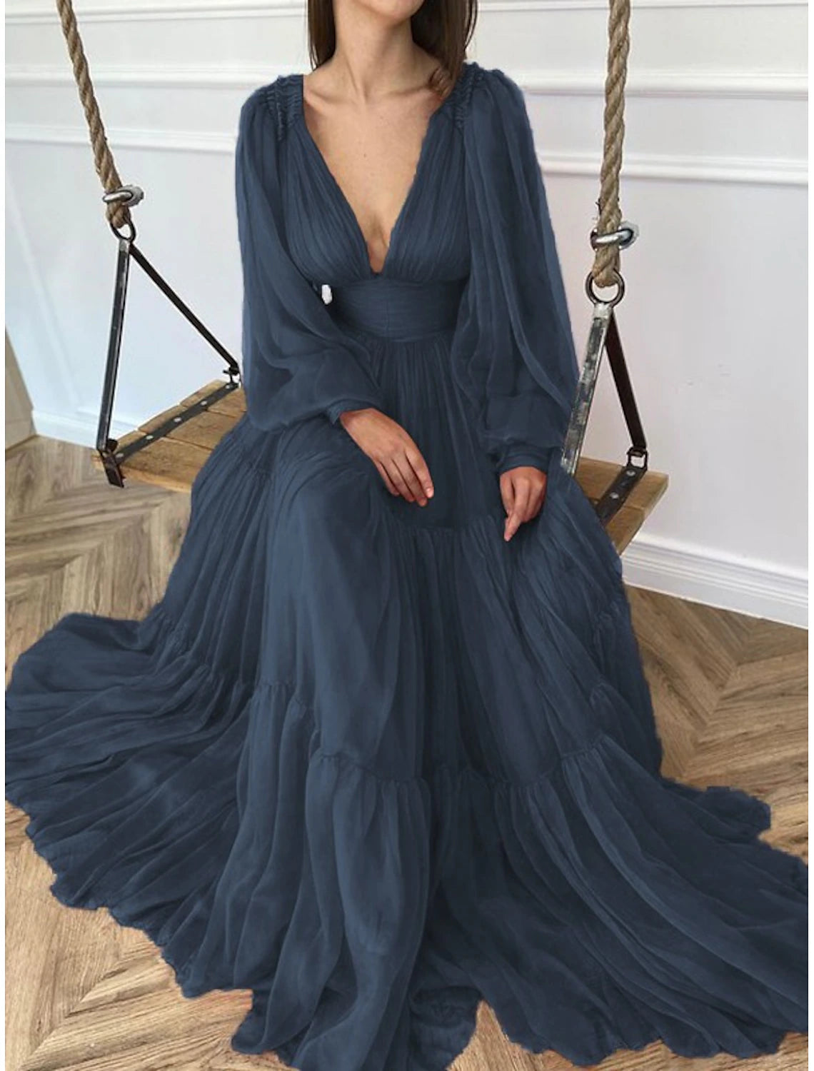 A-Line Wedding Guest Dress Floor Length Long Sleeve V Neck Chiffon with Ruched