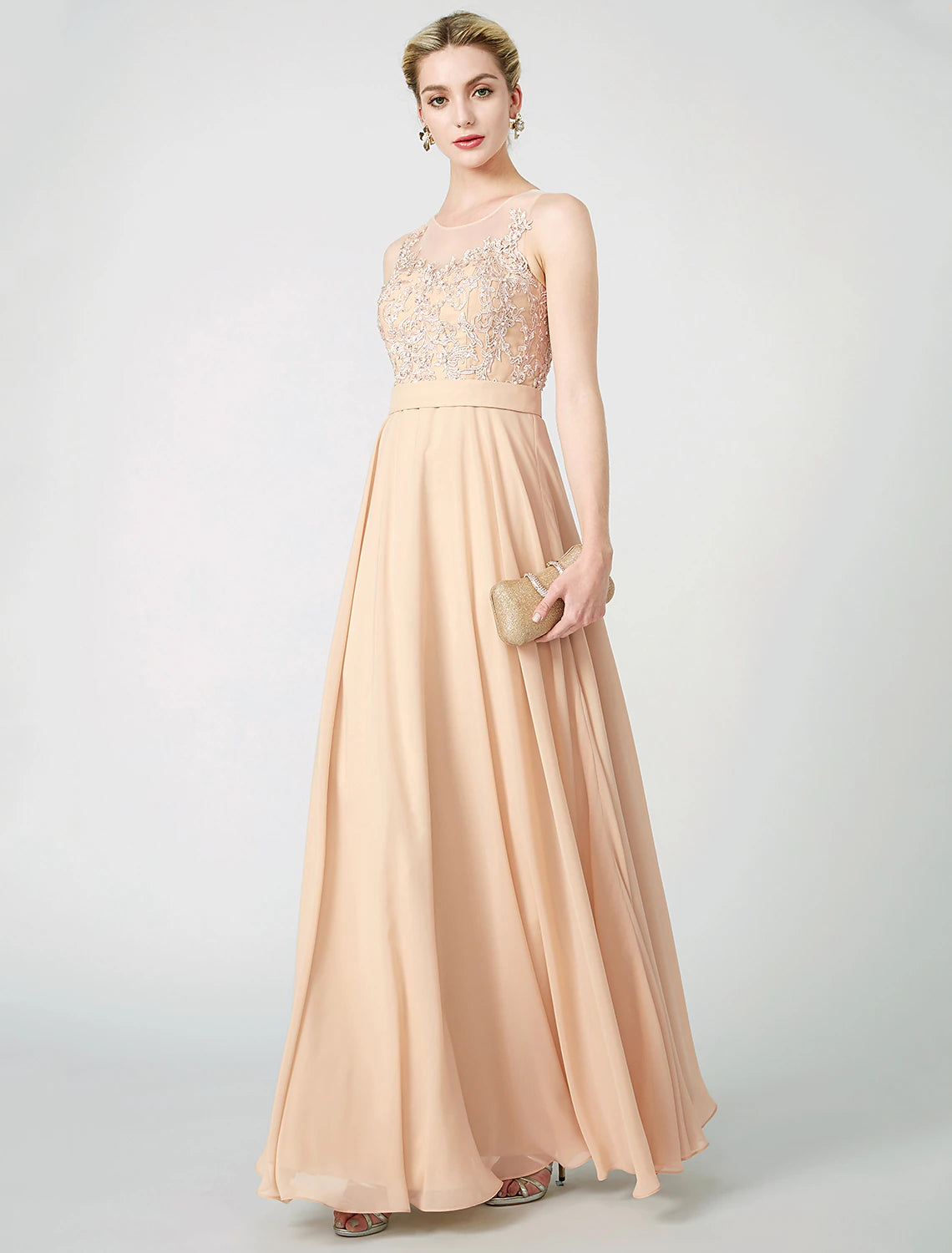 A-Line Classic & Timeless Keyhole Pastel Colors Holiday Cocktail Party Prom Dress Illusion Neck Sleeveless Floor Length Chiffon Beaded Lace with Pleats Appliques