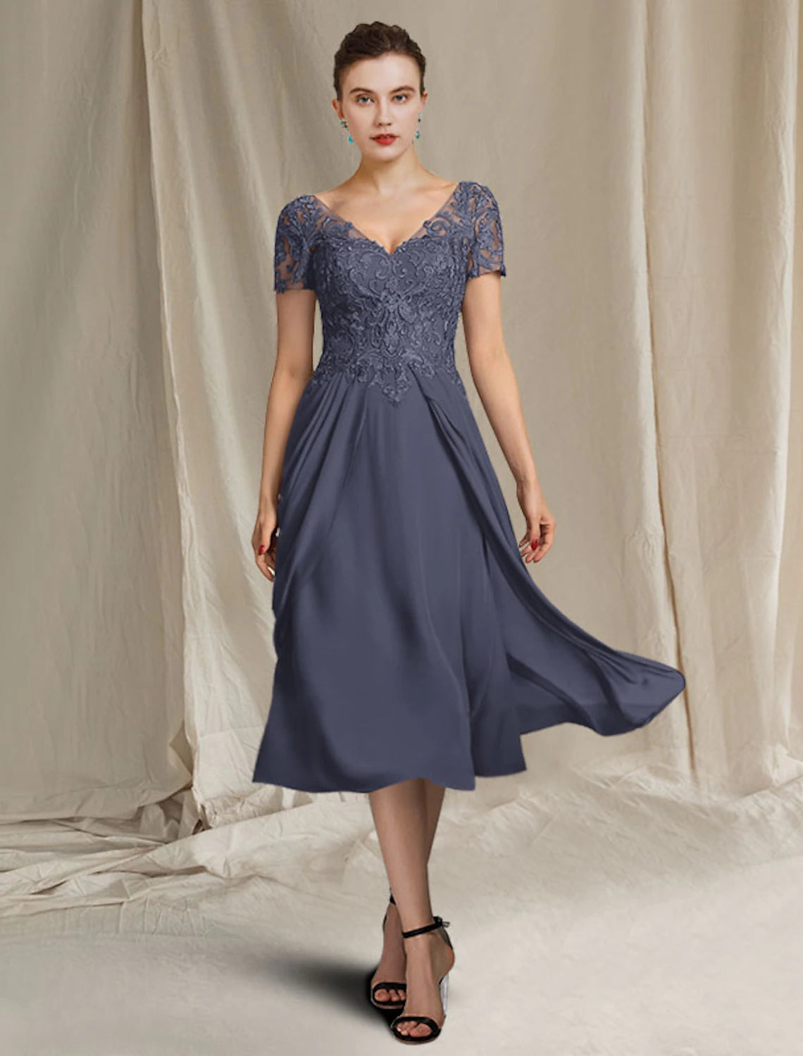 A-Line Mother of the Bride Dress Elegant Plus Size V Neck Tea Length Chiffon Lace Short Sleeve Wrap Included with Appliques