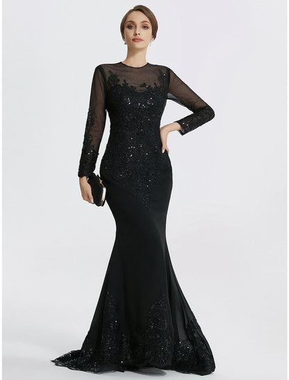 Mermaid / Trumpet Sheath / Column Evening Gown Elegant Dress Formal Floor Length Long Sleeve Jewel Neck Lace with Appliques