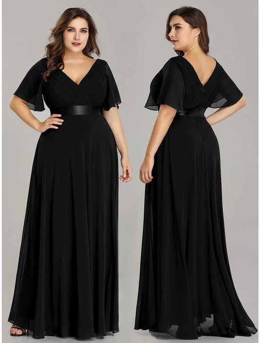 A-Line Empire Fall Wedding Guest Dress For Bridesmaid Plus Size Formal Evening Dress V Neck Short Sleeve Floor Length Chiffon with Pleats Ruched