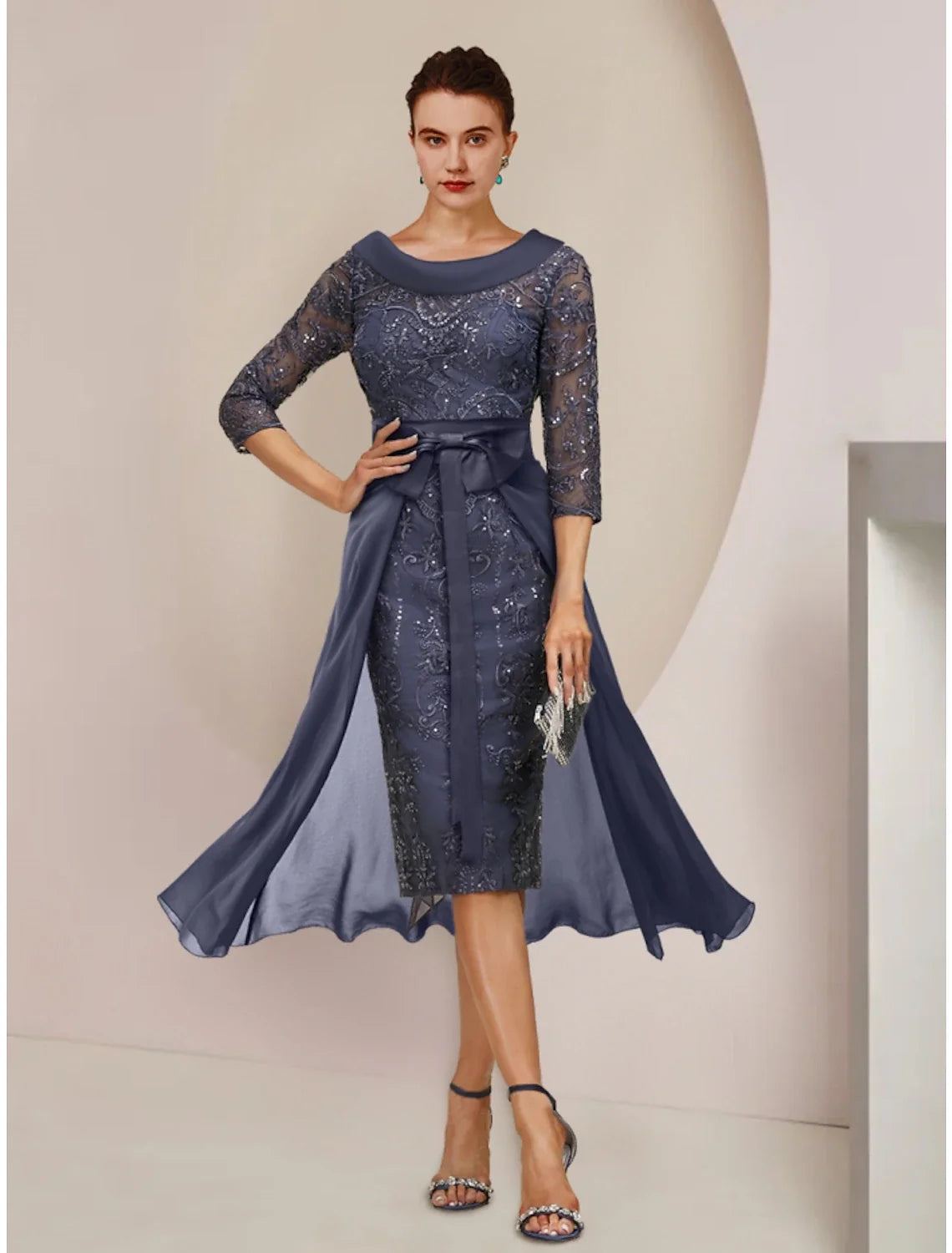 A-Line Mother of the Bride Dress Wedding Guest Elegant Petite Scoop Neck Knee Length Chiffon 3/4 Length Sleeve with Bow(s) Sequin