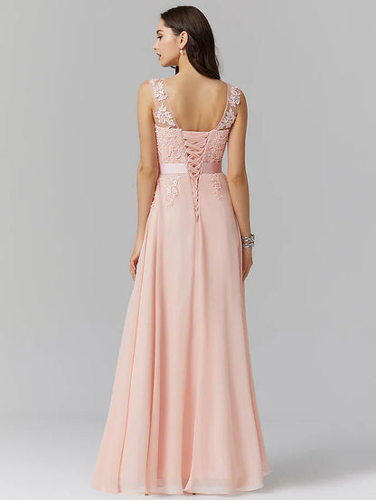 A-Line Bridesmaid Dress Jewel Neck Sleeveless Elegant Floor Length Chiffon / Lace with Appliques