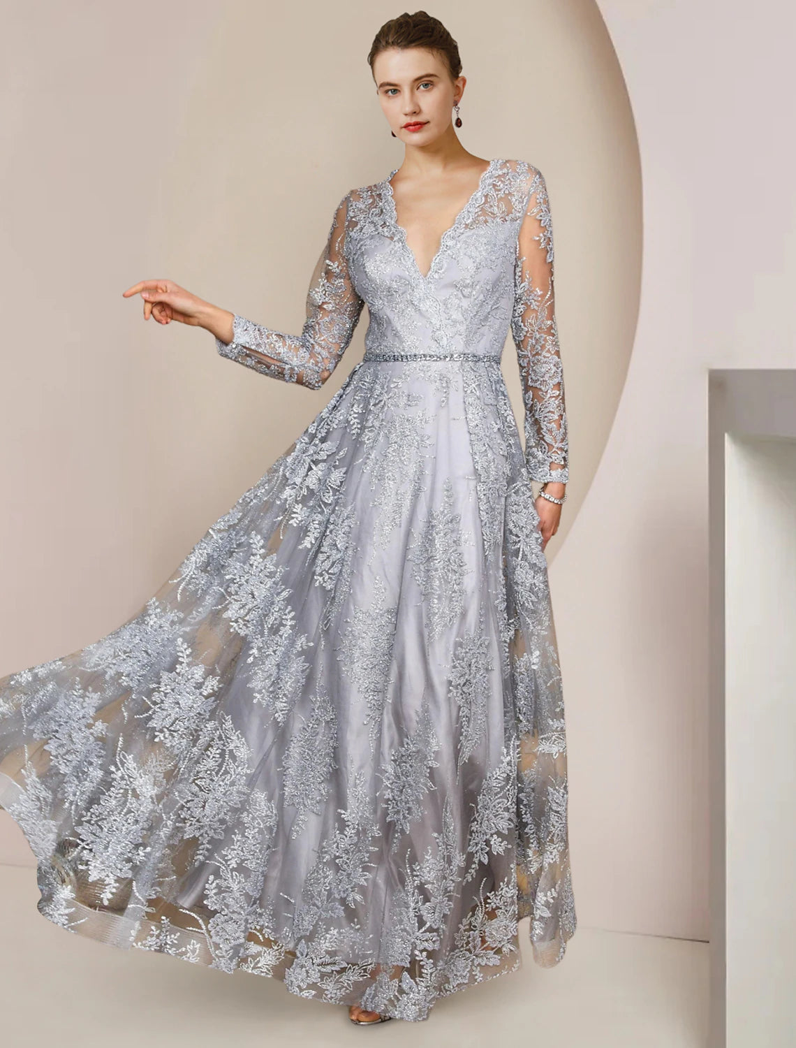 A-Line  V Neck Floor Length Wedding Guest Dress Lace Long Sleeve Mother of the Bride Dress with Appliques Crystal Brooch