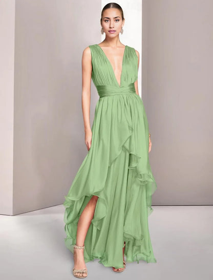 A-Line Chiffon Elegant Wedding Guest Dress Ruched Prom Dresses Asymmetrical Sleeveless V Neck