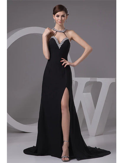 Mermaid / Trumpet Evening Gown Sexy Dress Engagement Court Train Sleeveless Halter Chiffon with Beading Slit