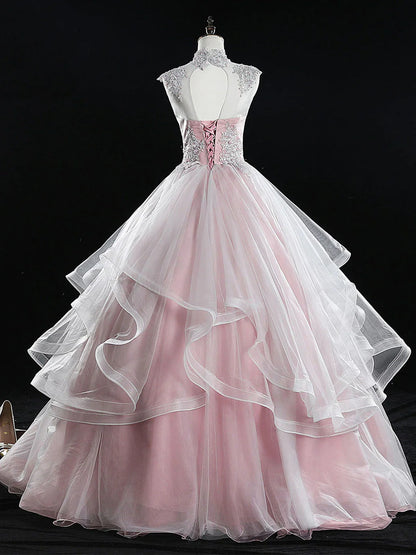 Quinceanera Dresses Princess Cute Prom Dress Tulle Pink Tulle Lace Long Prom Dress Pink Sweet 16 Dress