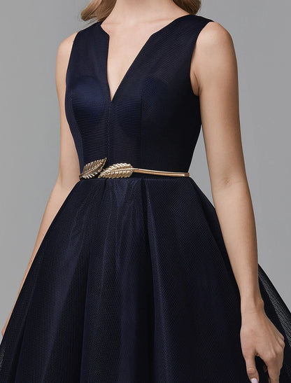 A-Line Little Black Prom Dress Wedding Guest Ankle Length Sleeveless V Wire Spandex with Sash / Ribbon