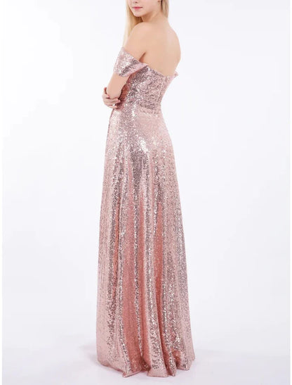 A-Line Sleek Glitter Sparking Princess Off-The-Shoulder Floor-Length Long Bridesmaid Dresses