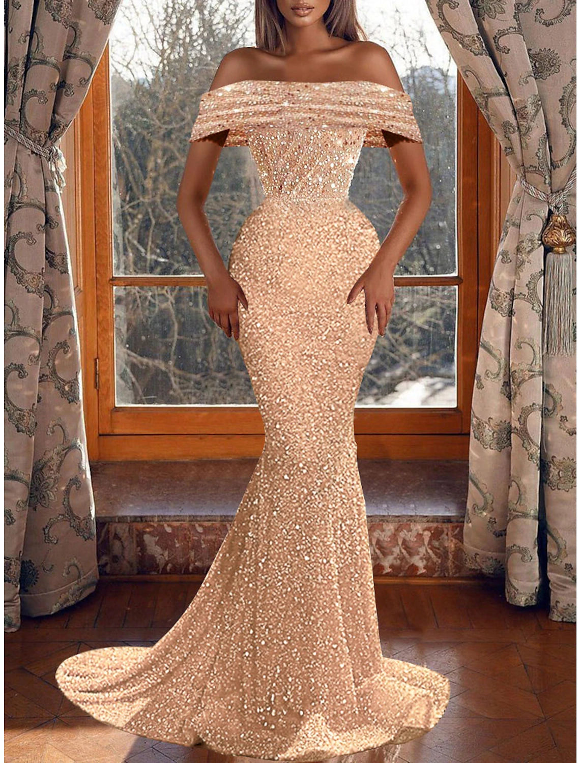 Sheath Mermaid Evening Dress Sleek Glitter Sparking Sequins Short Sleeve Off the Shoulder Party Dress