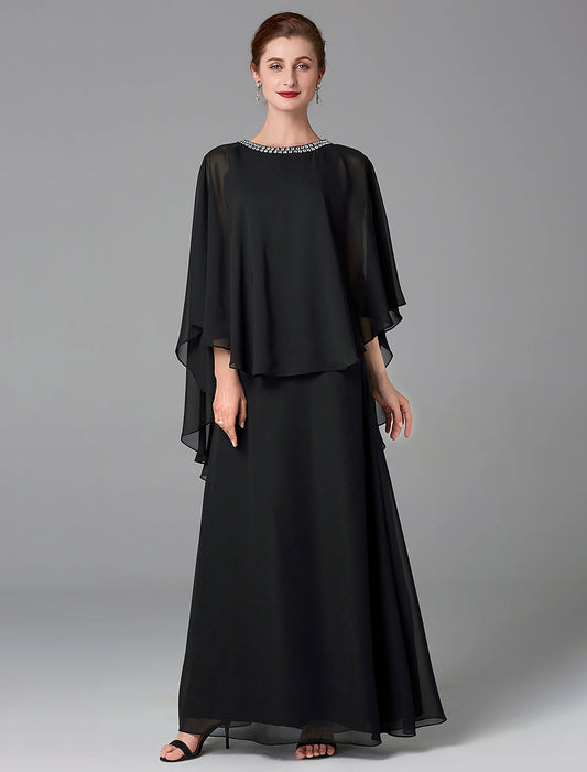 A-Line Mother of the Bride Dress Wedding Guest Elegant Cape Dress Plus Size Jewel Neck Floor Length Chiffon Sleeveless with Beading