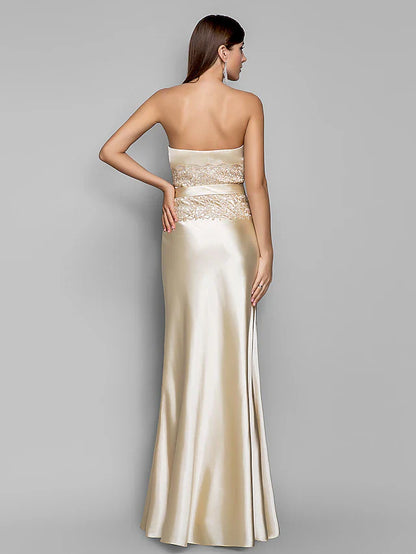 Mermaid / Trumpet Evening Gown Open Back Dress Wedding Guest Floor Length Sleeveless Sweetheart Stretch Satin with Appliques