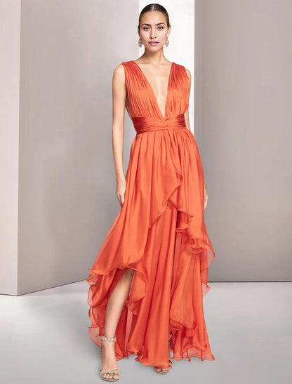 A-Line Chiffon Elegant Wedding Guest Dress Ruched Prom Dresses Asymmetrical Sleeveless V Neck