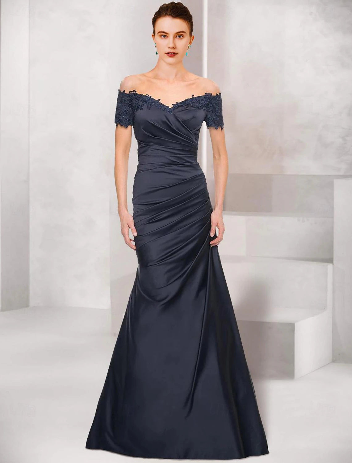 Sheath Mermaid Off Shoulder Wedding Guest Party Dress V Neck Floor Length Satin Short Sleeve Mother of the Bride Dress with Lace Ruched