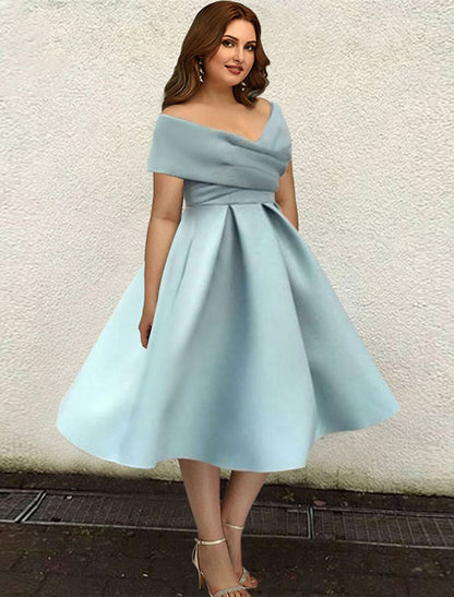 A-Line Cocktail Dresses Elegant Dress Wedding Guest Cocktail Party Tea Length Short Sleeve V Neck Satin with Sleek Pleats Pure Color